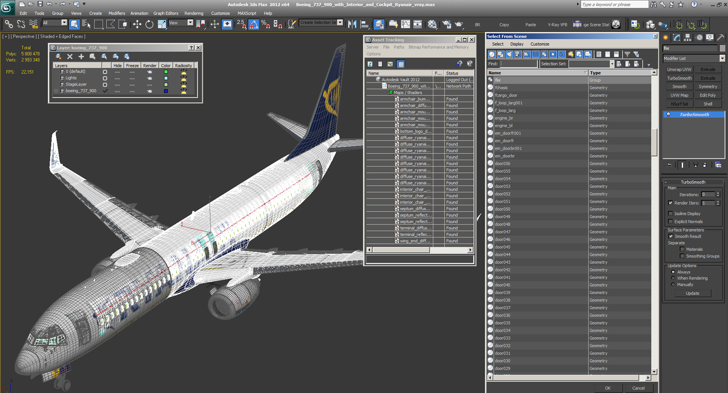 3D Boeing 737 900 with Interior and Cockpit Ryanair model