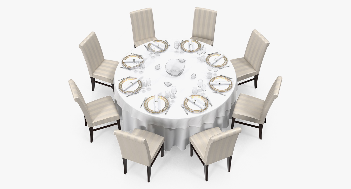 Round Dining Served Table with Chairs 3D