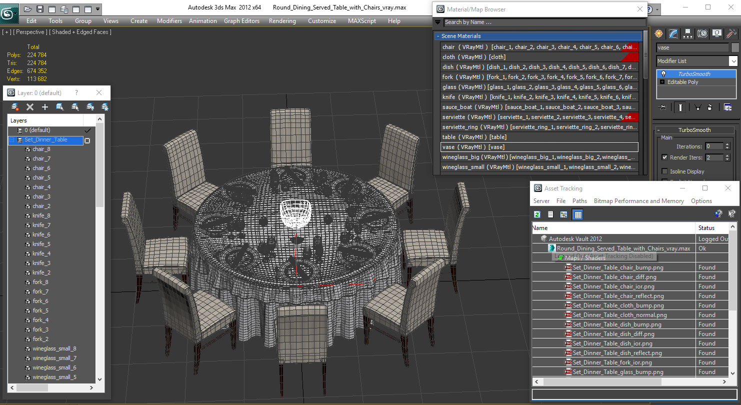 Round Dining Served Table with Chairs 3D