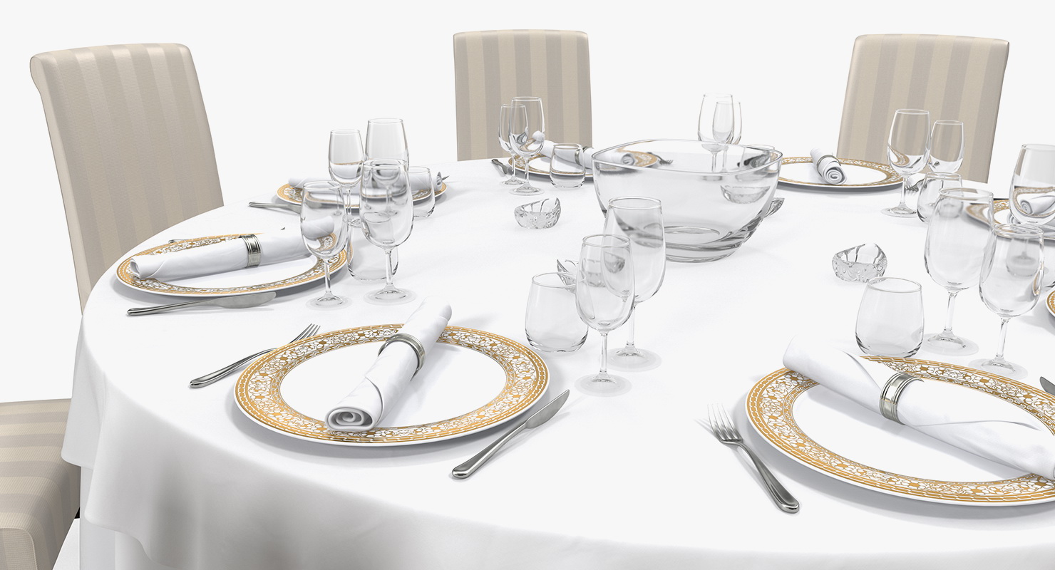 Round Dining Served Table with Chairs 3D