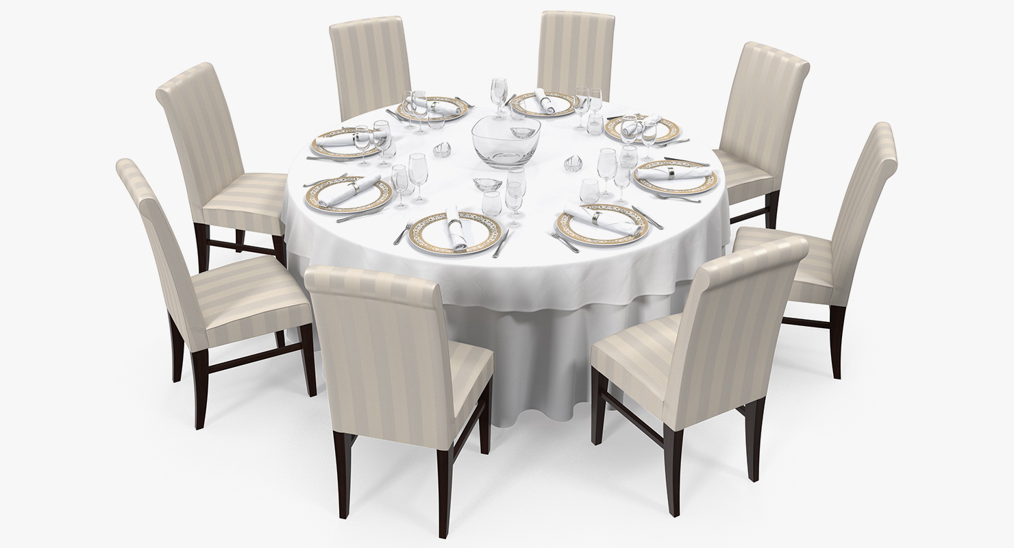 Round Dining Served Table with Chairs 3D