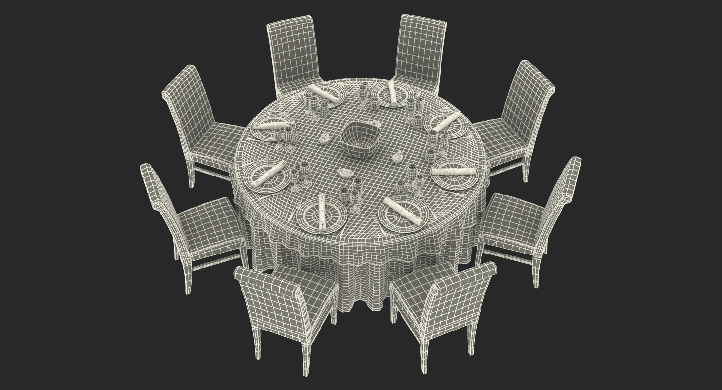 Round Dining Served Table with Chairs 3D