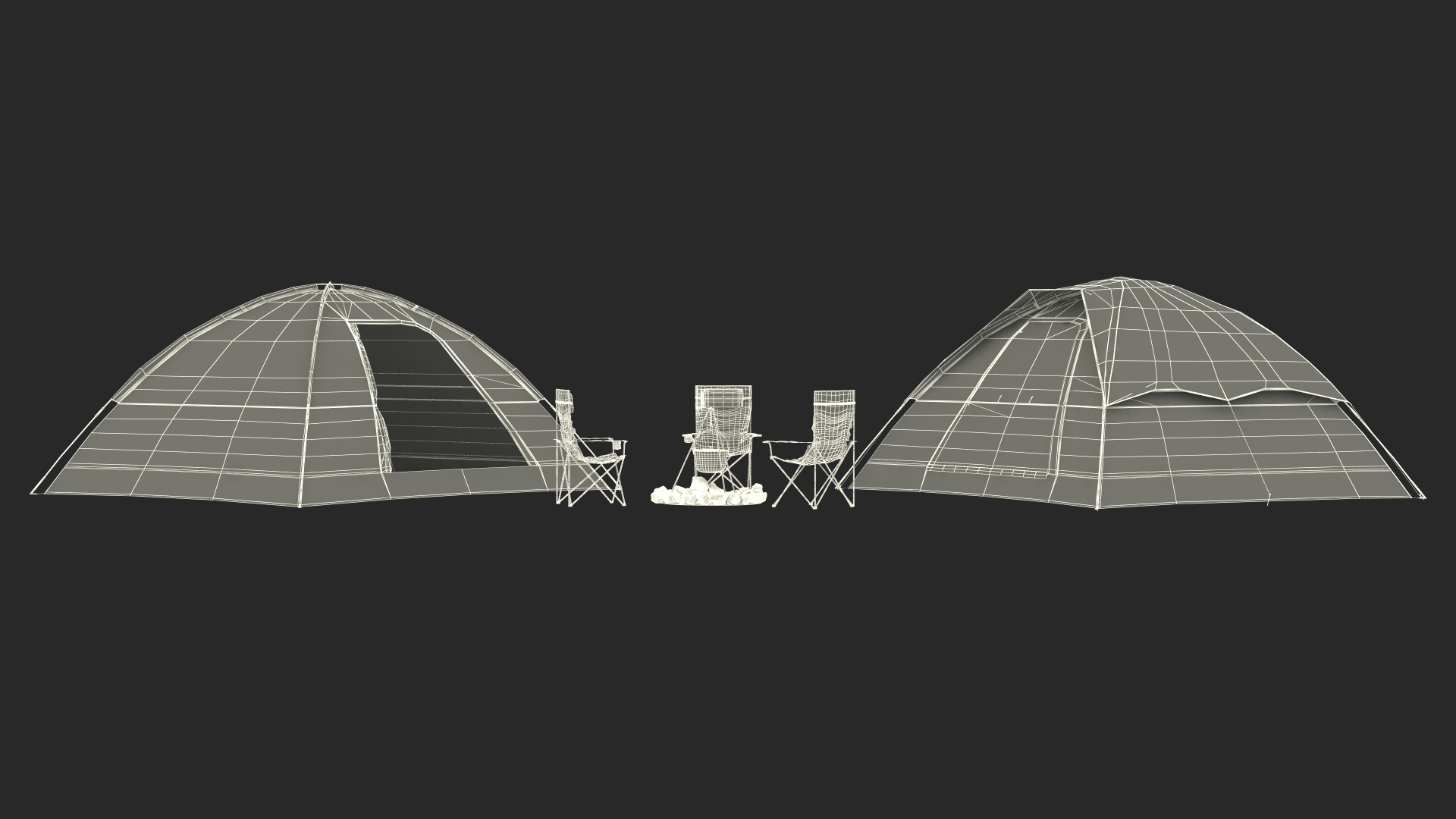 3D Tents and Chairs Around Campfire Pit