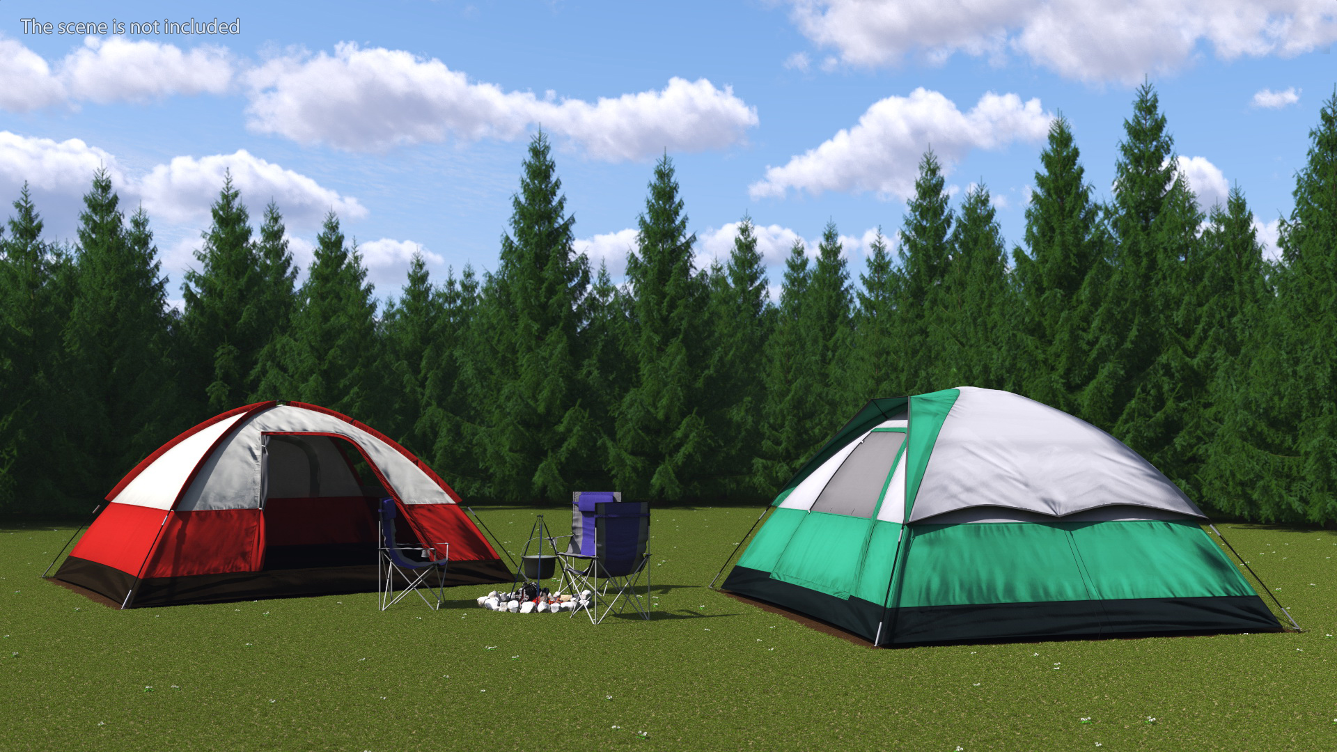 3D Tents and Chairs Around Campfire Pit