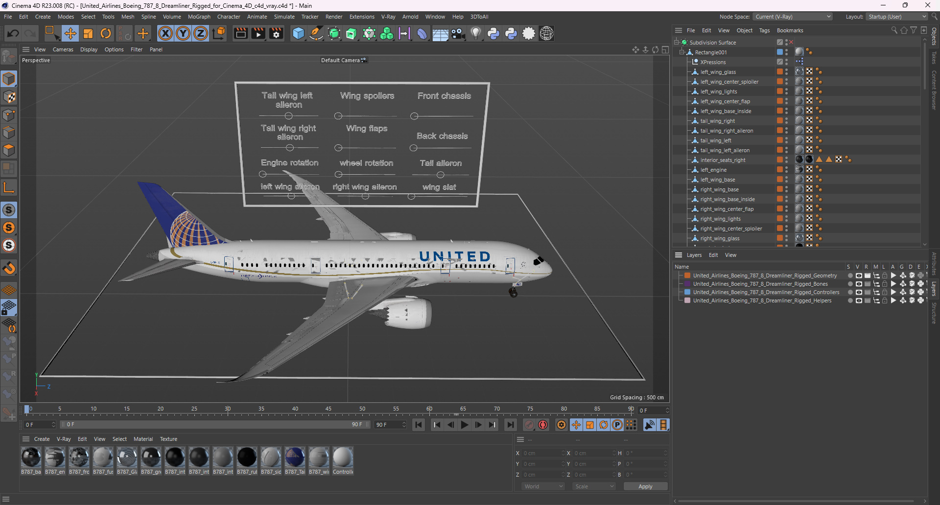 3D model United Airlines Boeing 787-8 Dreamliner Rigged for Cinema 4D