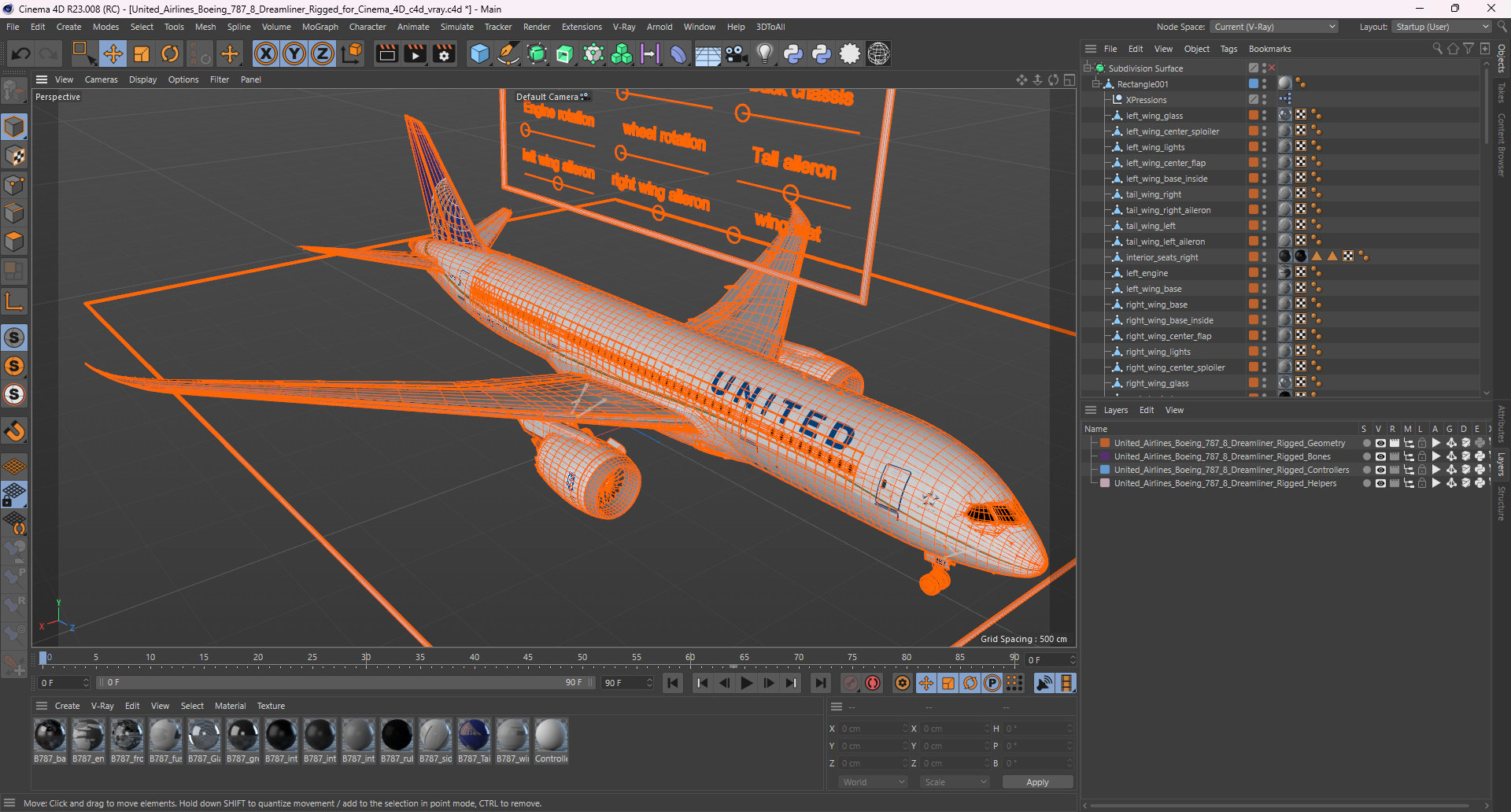 3D model United Airlines Boeing 787-8 Dreamliner Rigged for Cinema 4D