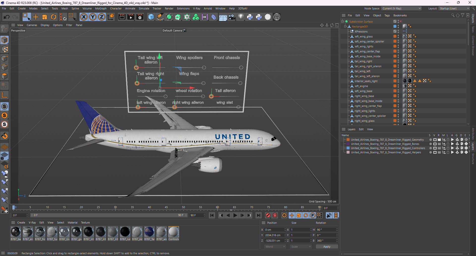 3D model United Airlines Boeing 787-8 Dreamliner Rigged for Cinema 4D