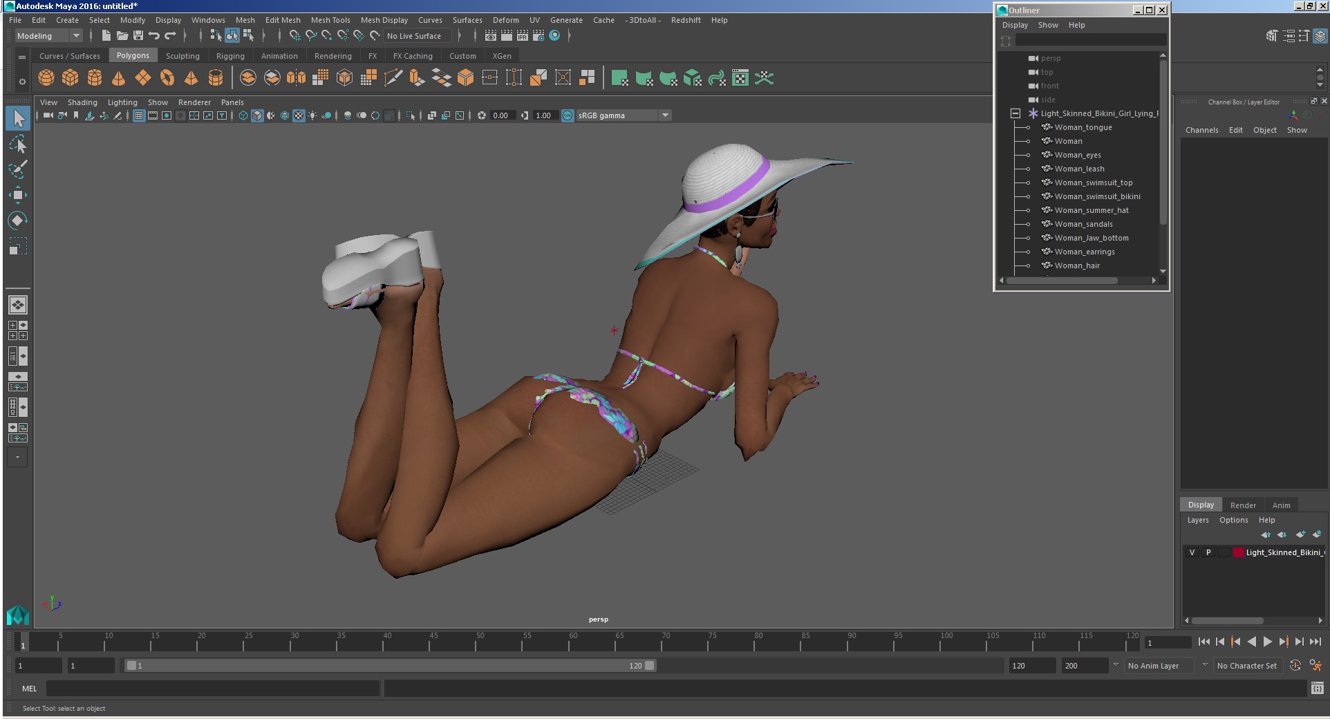 3D Light Skinned Bikini Girl Lying Pose