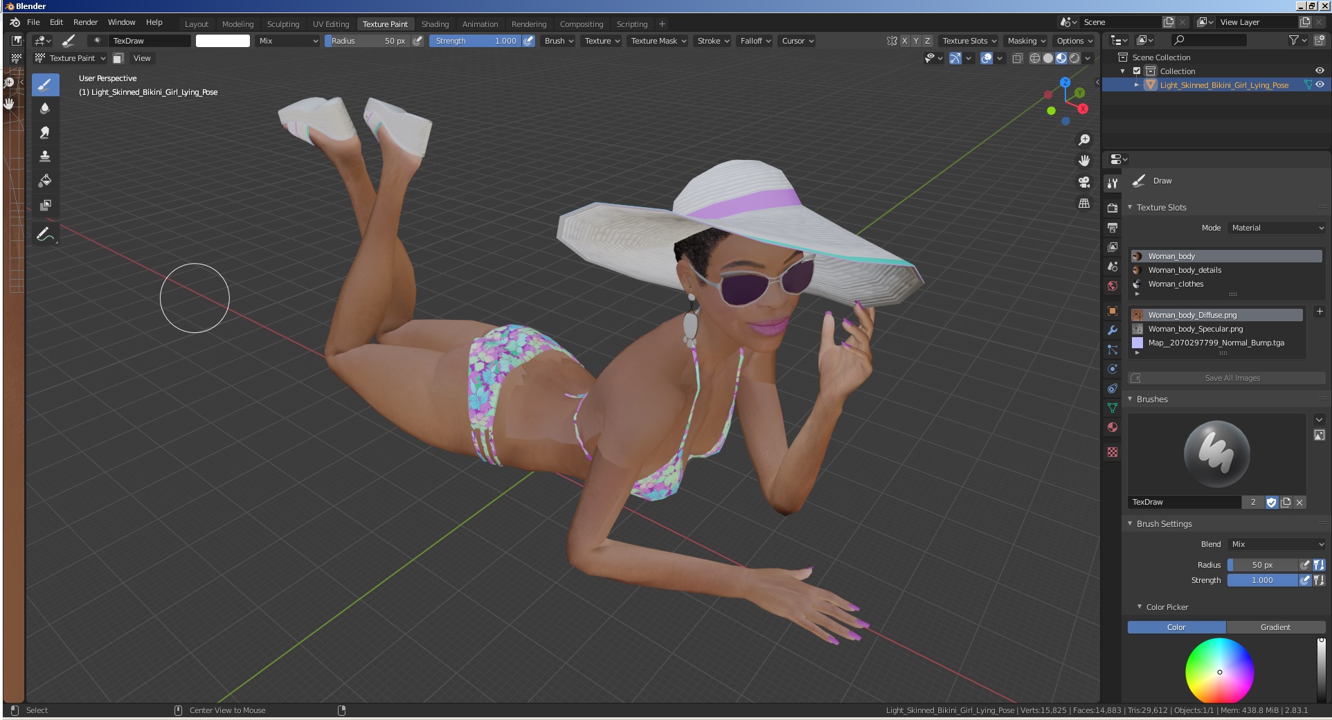 3D Light Skinned Bikini Girl Lying Pose