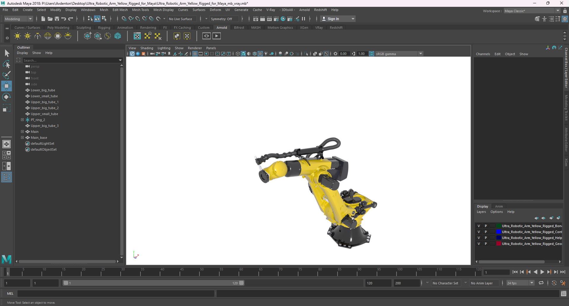 3D model Ultra Robotic Arm Yellow Rigged for Maya