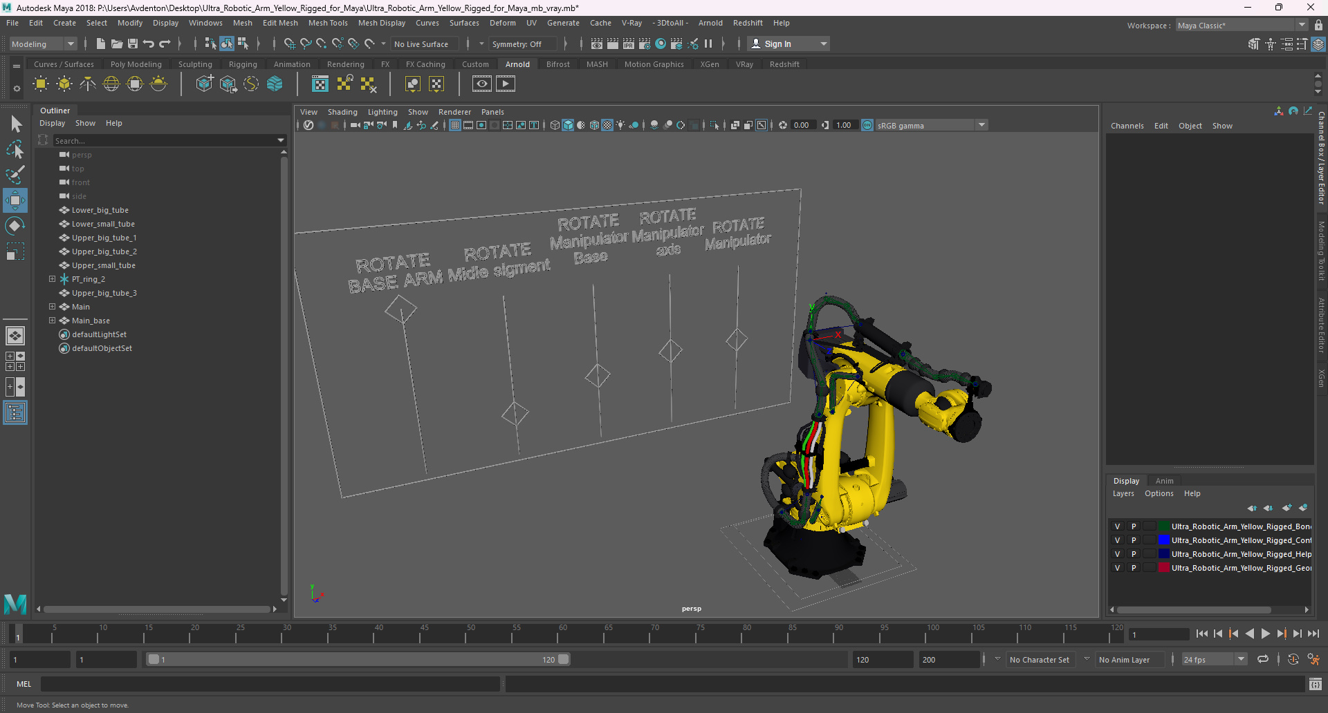 3D model Ultra Robotic Arm Yellow Rigged for Maya