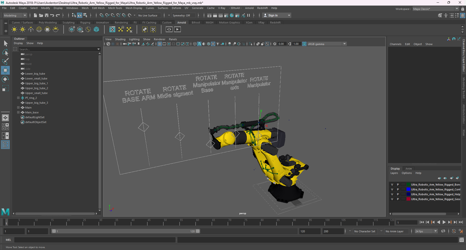 3D model Ultra Robotic Arm Yellow Rigged for Maya