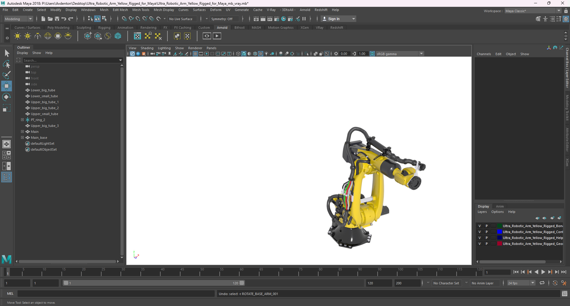 3D model Ultra Robotic Arm Yellow Rigged for Maya