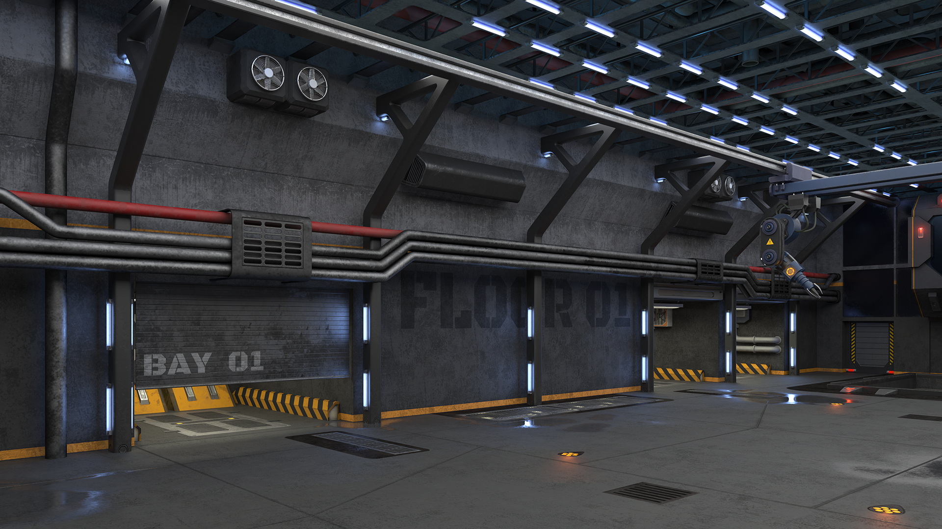 3D Futuristic Hangar Interior Blue Lights model