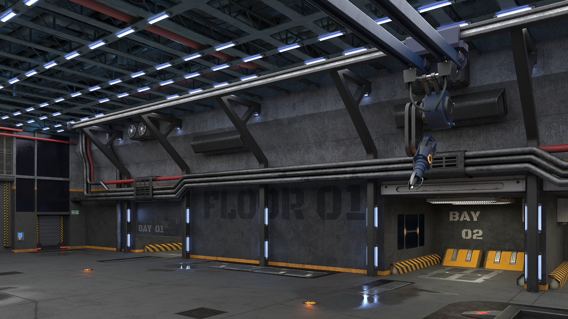 3D Futuristic Hangar Interior Blue Lights model