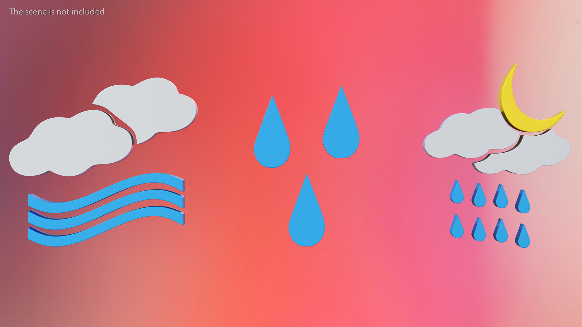 Meteorology Symbols with Rain and Wind Set 3D