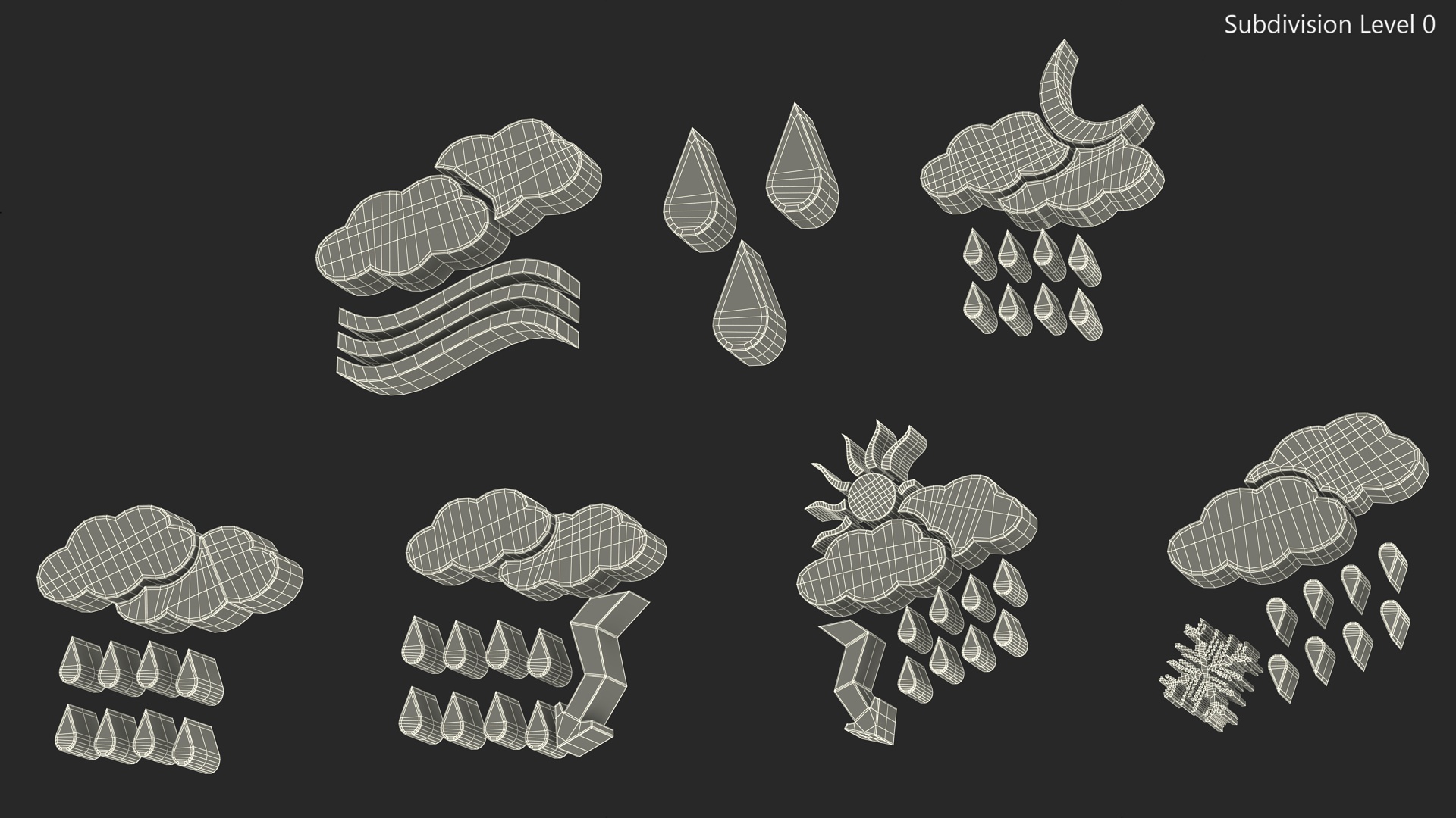 Meteorology Symbols with Rain and Wind Set 3D