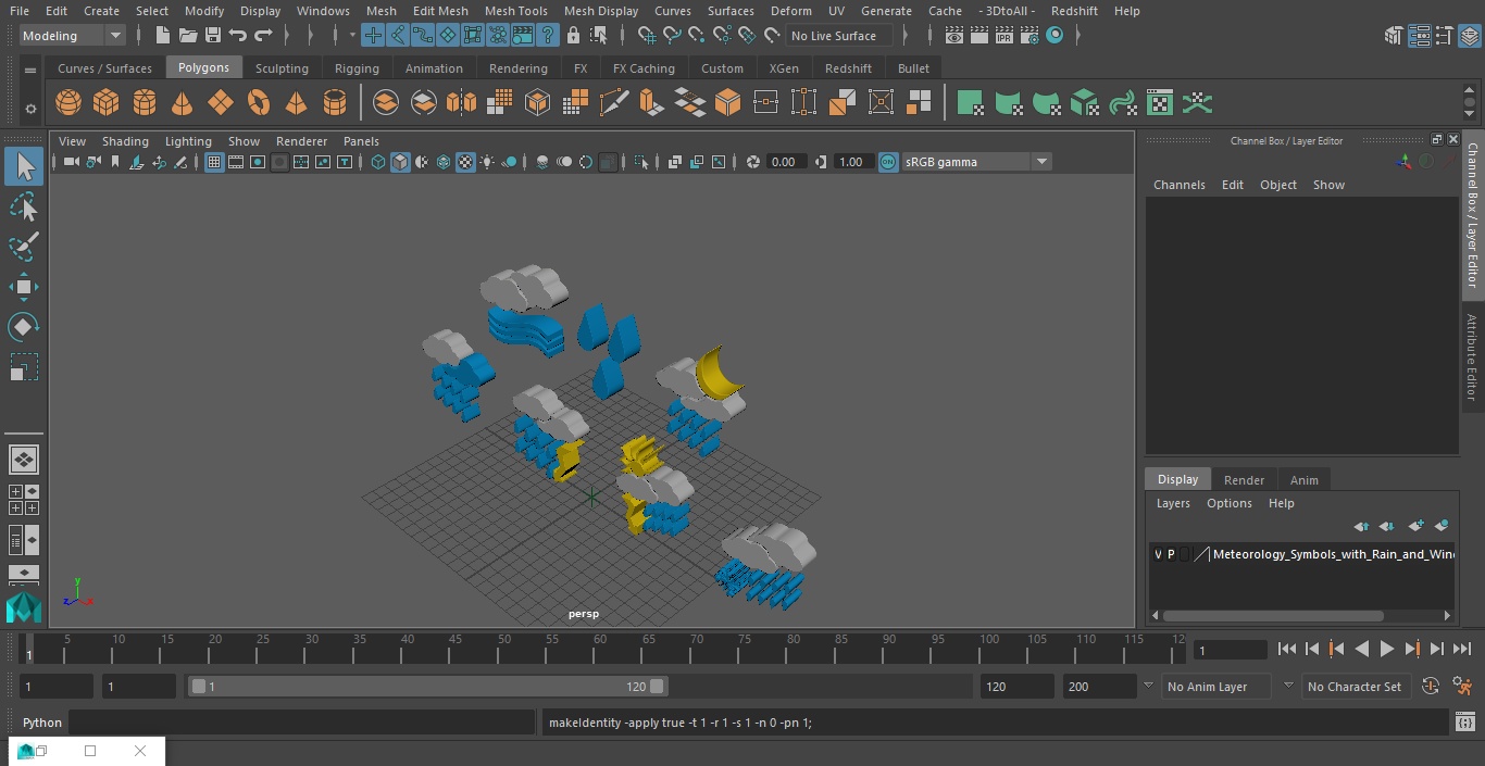 Meteorology Symbols with Rain and Wind Set 3D