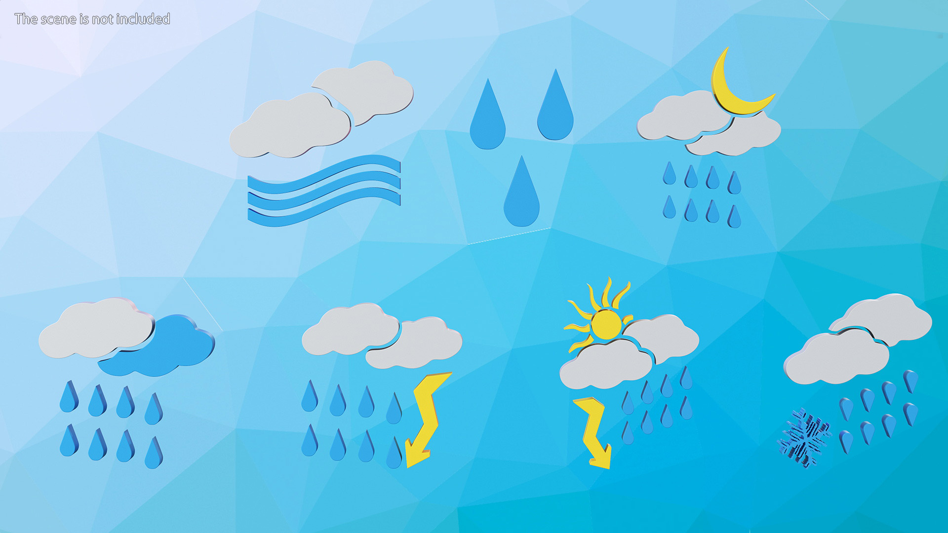 Meteorology Symbols with Rain and Wind Set 3D