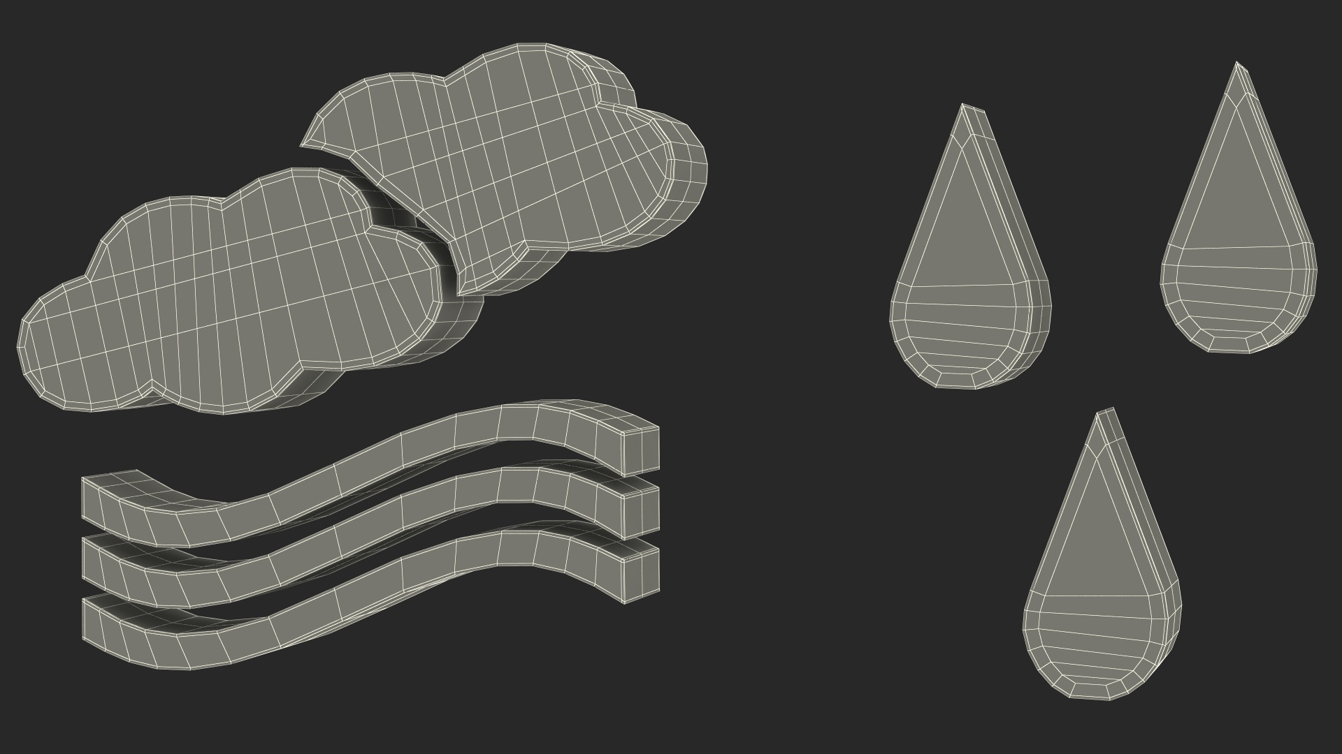 Meteorology Symbols with Rain and Wind Set 3D