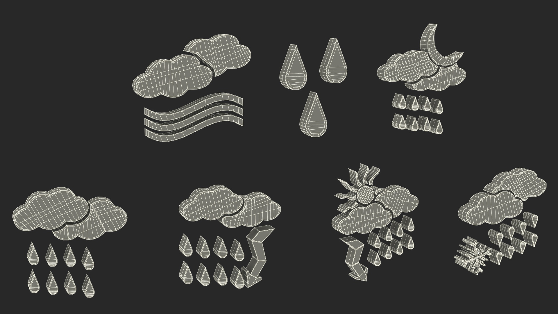 Meteorology Symbols with Rain and Wind Set 3D