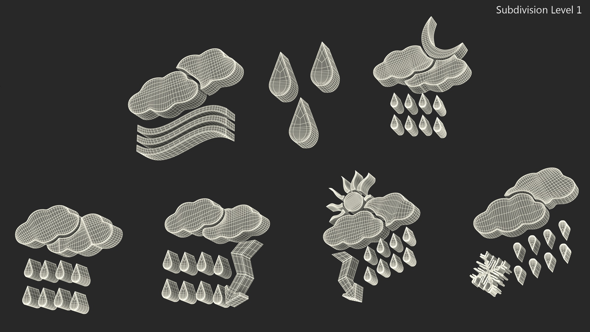 Meteorology Symbols with Rain and Wind Set 3D