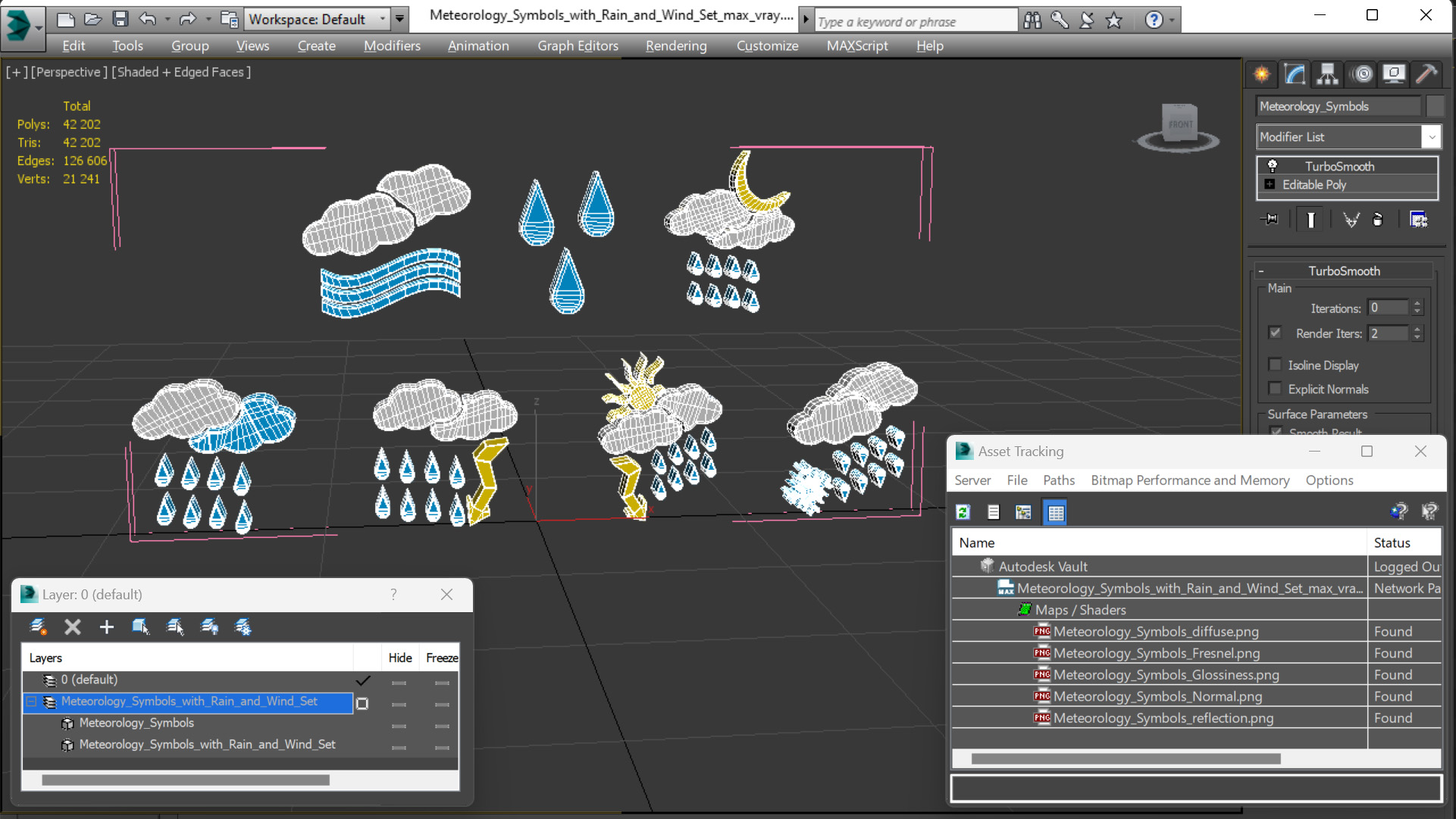 Meteorology Symbols with Rain and Wind Set 3D