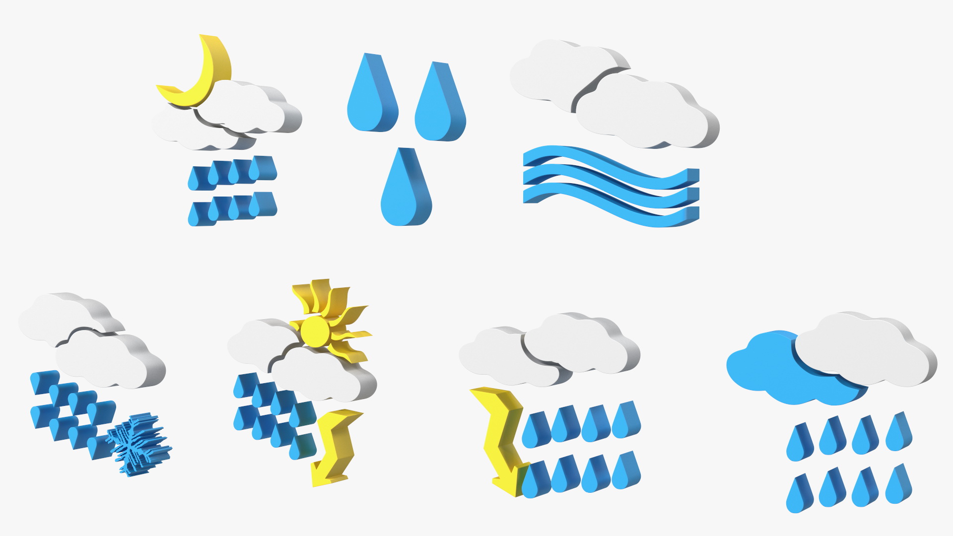 Meteorology Symbols with Rain and Wind Set 3D