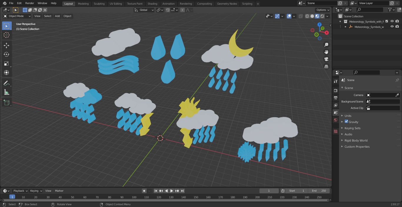 Meteorology Symbols with Rain and Wind Set 3D