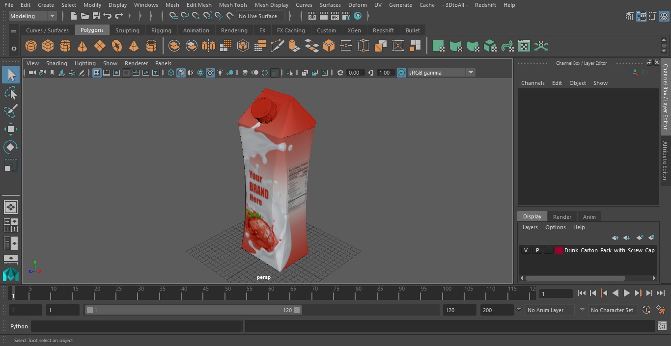 3D Drink Carton Pack with Screw Cap Mockup Red model