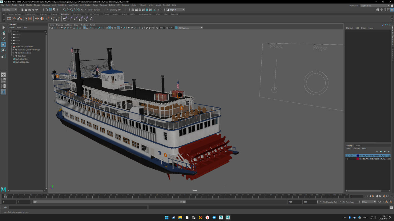 3D model Paddle Wheeled Steamboat Rigged for Maya