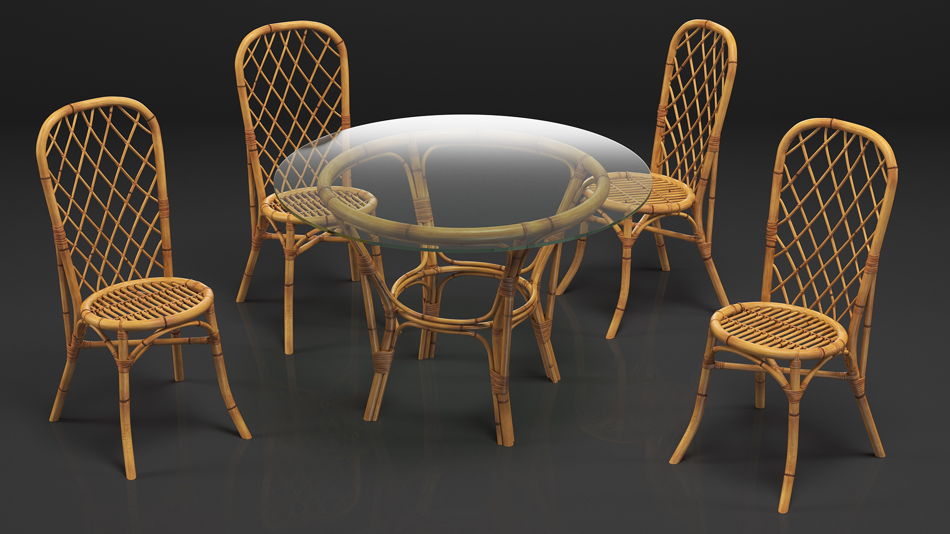 3D Bamboo Dining Table Glass Top with Chairs