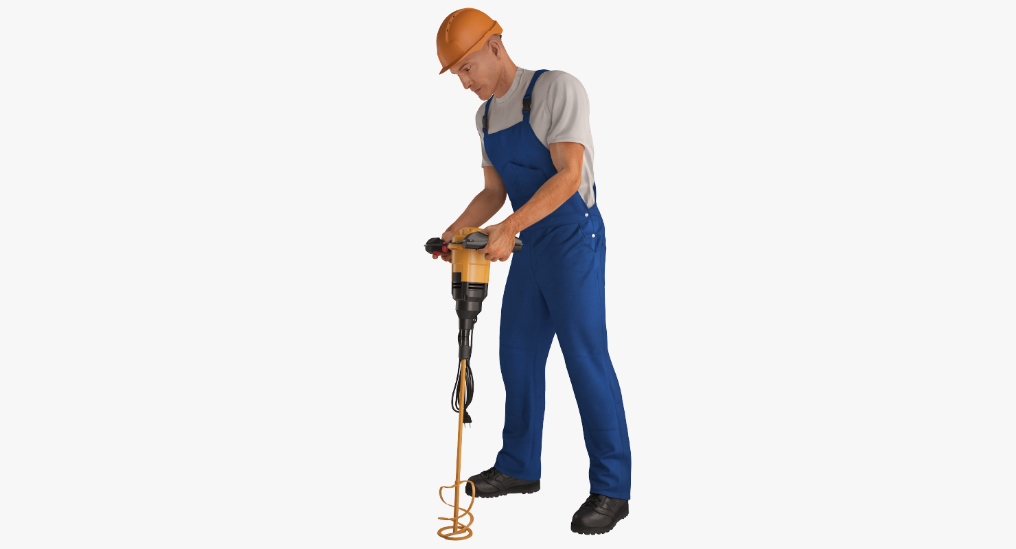 3D Construction Worker with Hand Held Concrete Paddle Mixer Rigged model