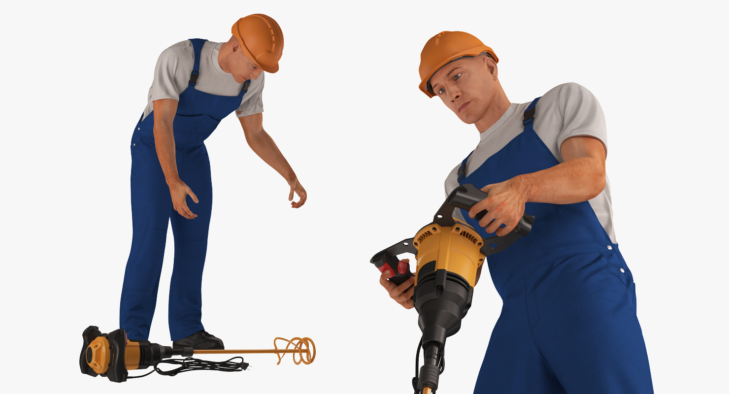 3D Construction Worker with Hand Held Concrete Paddle Mixer Rigged model