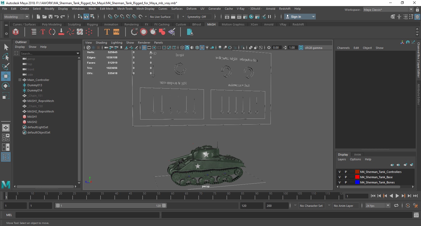 3D M4 Sherman Tank Rigged for Maya