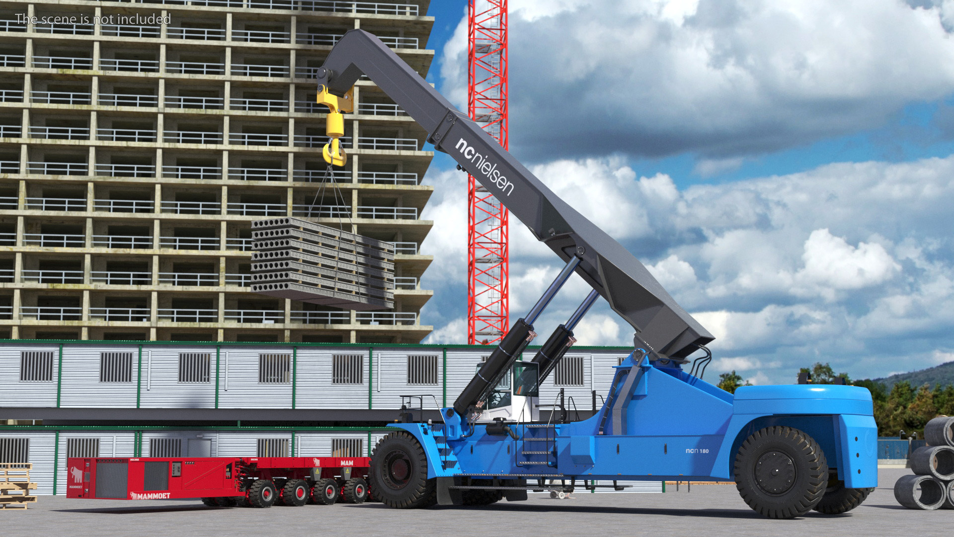 3D model Reach Stacker NC Nielsen Loading Concrete Slabs on a Trailer