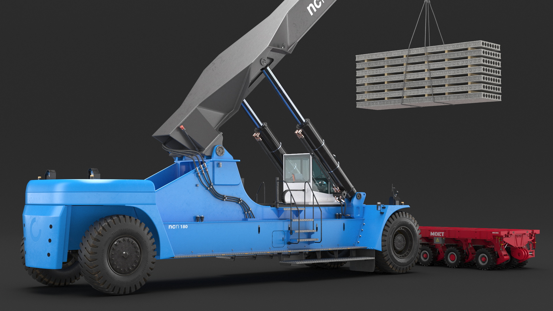 3D model Reach Stacker NC Nielsen Loading Concrete Slabs on a Trailer