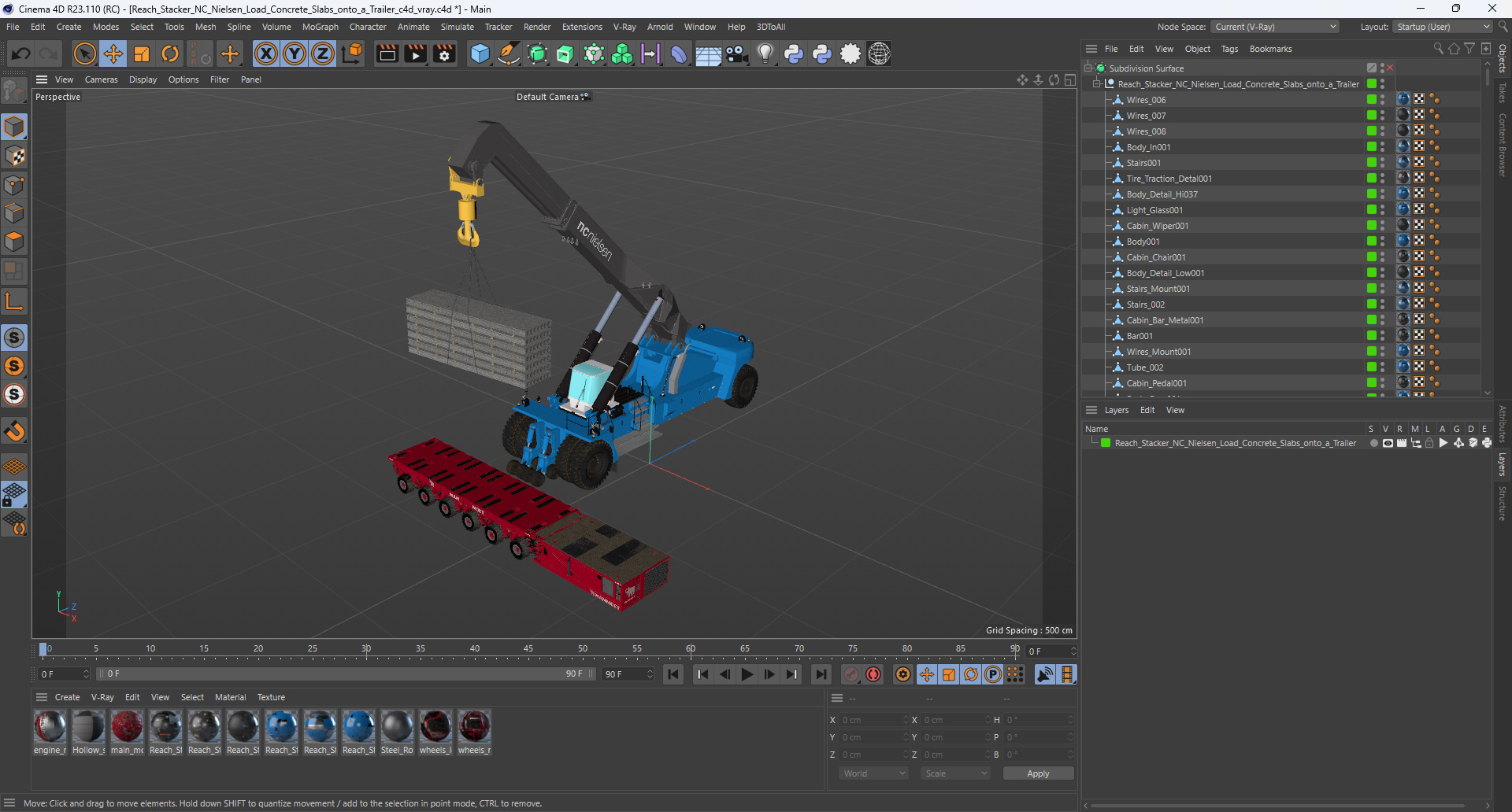 3D model Reach Stacker NC Nielsen Loading Concrete Slabs on a Trailer