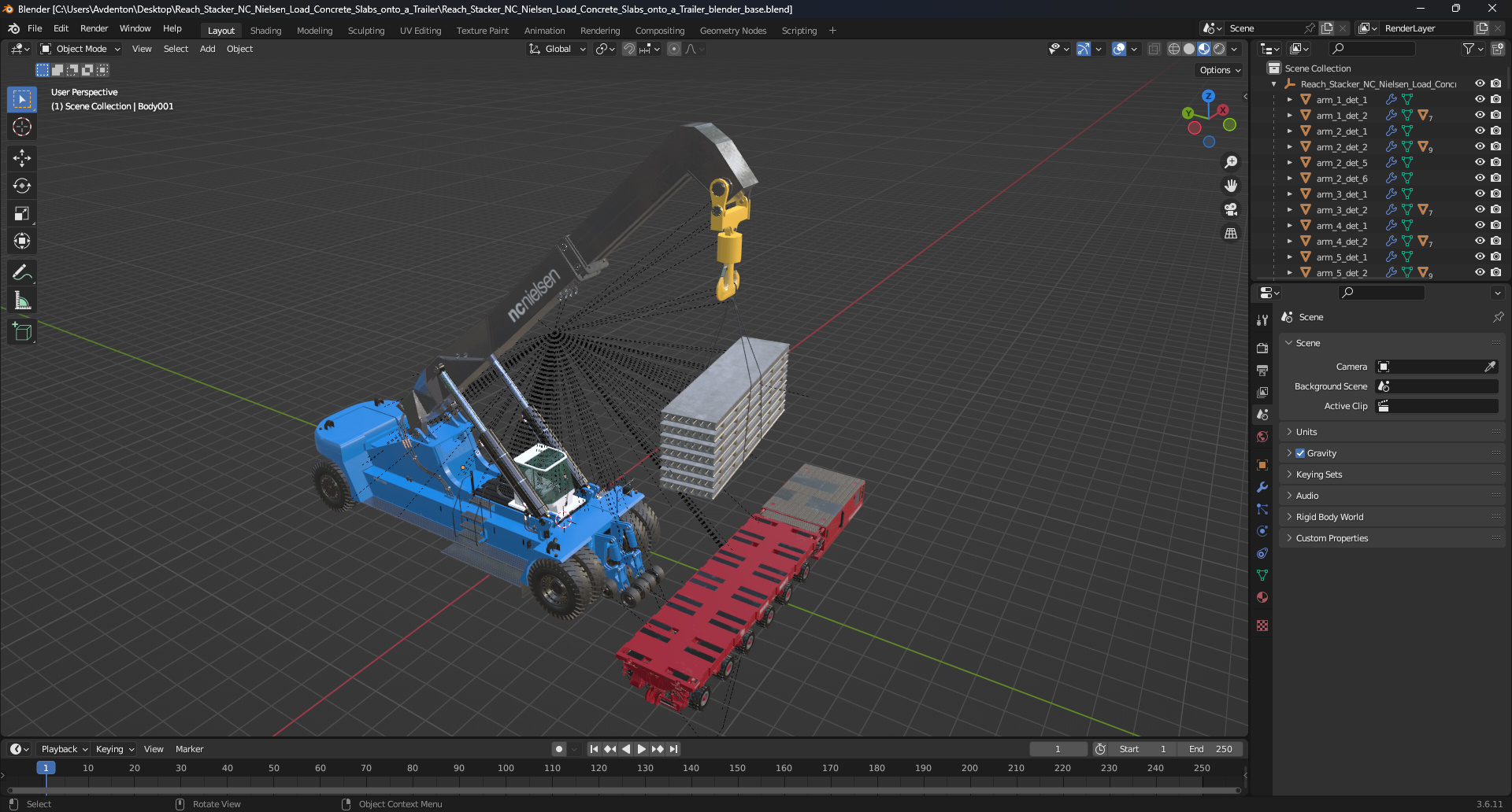 3D model Reach Stacker NC Nielsen Loading Concrete Slabs on a Trailer