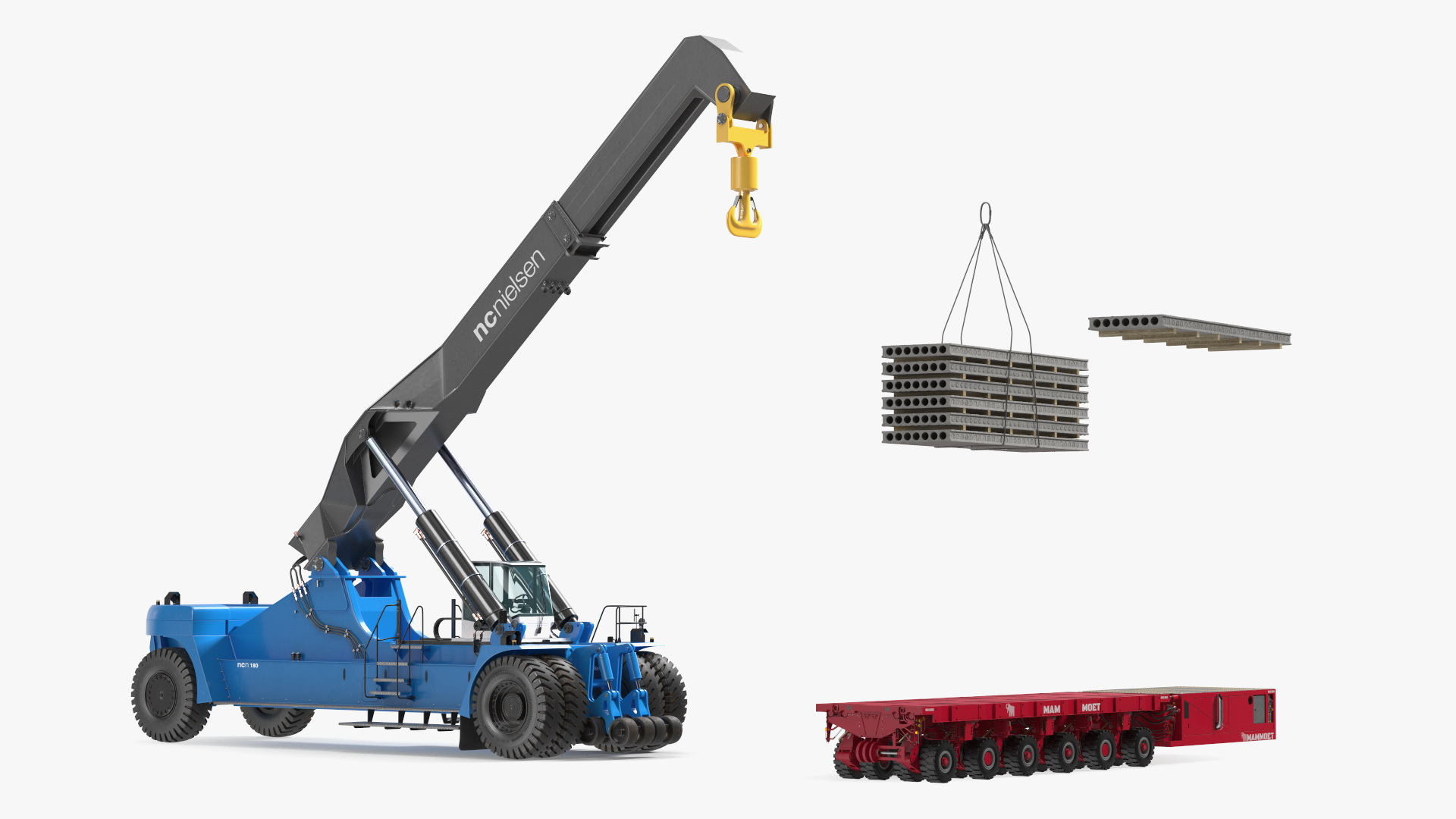 3D model Reach Stacker NC Nielsen Loading Concrete Slabs on a Trailer