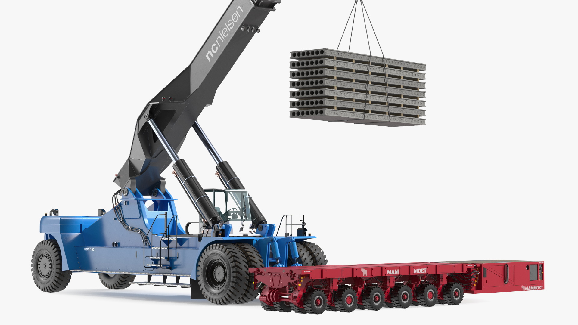 3D model Reach Stacker NC Nielsen Loading Concrete Slabs on a Trailer