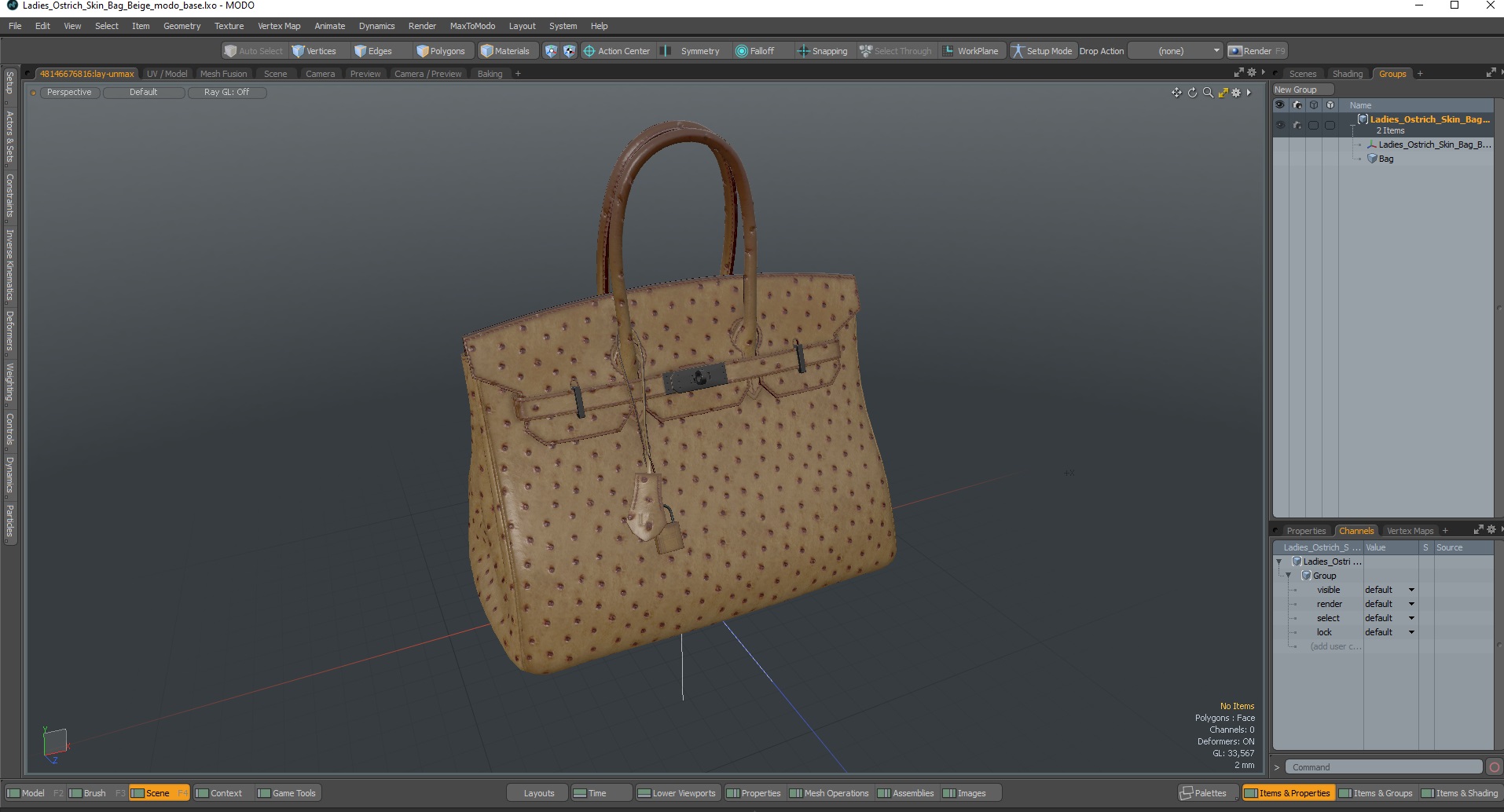 Ladies Ostrich Skin Bag Beige 3D model