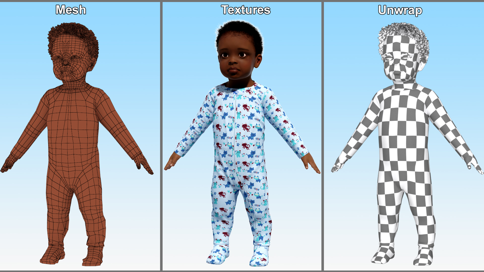 3D Black Baby Boy Wearing Full Bodysuit A-Pose model