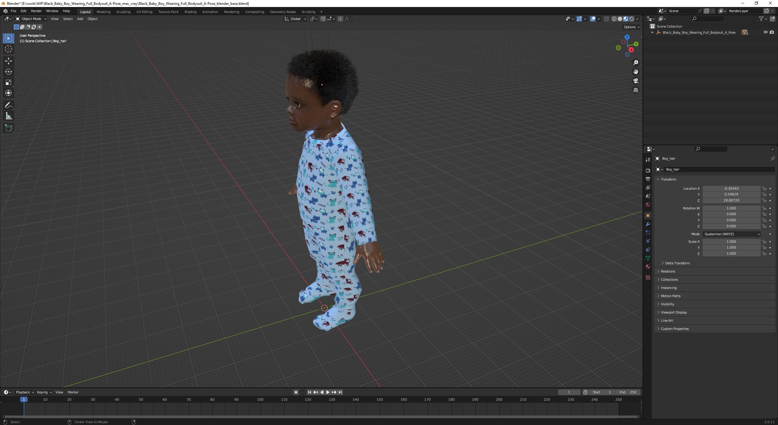 3D Black Baby Boy Wearing Full Bodysuit A-Pose model