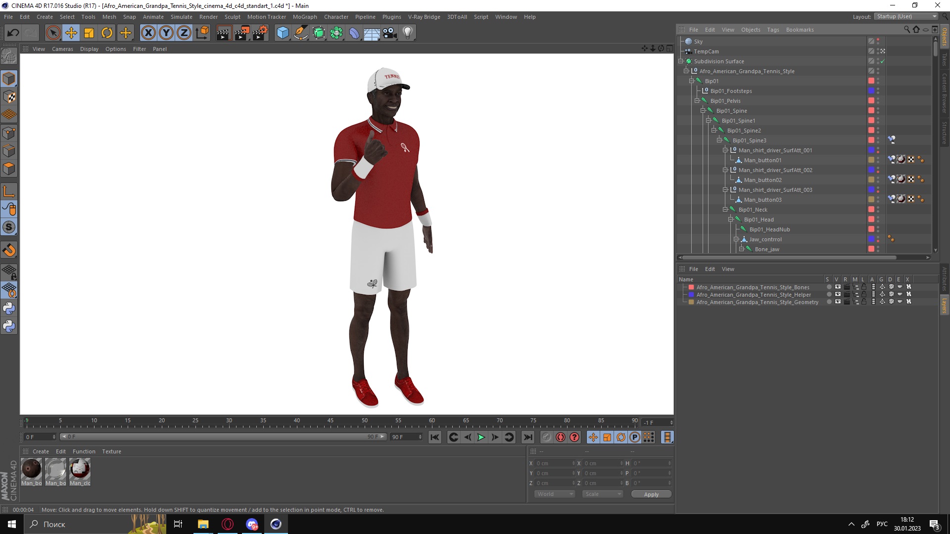 3D model Afro American Grandpa Tennis Style Rigged for Cinema 4D