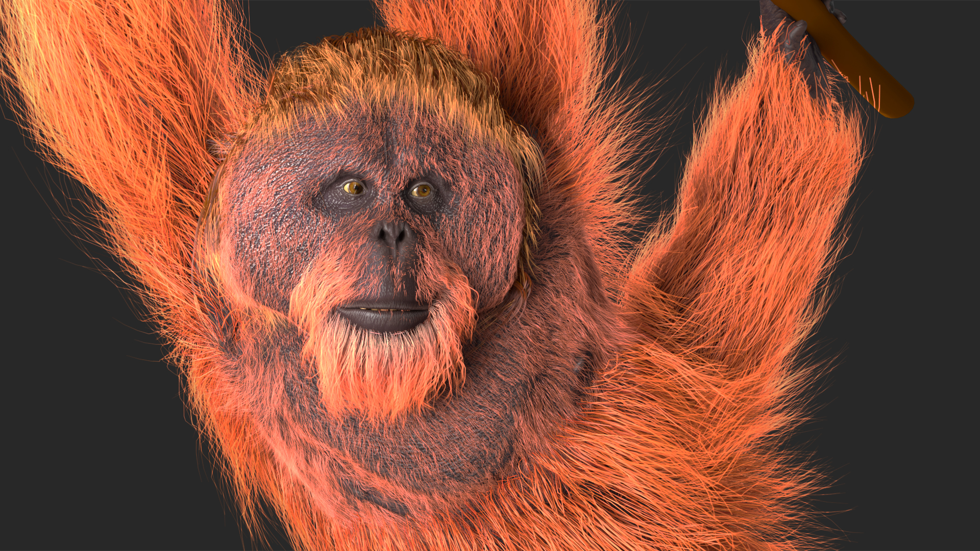 3D Orangutan Hanging on Branch Fur