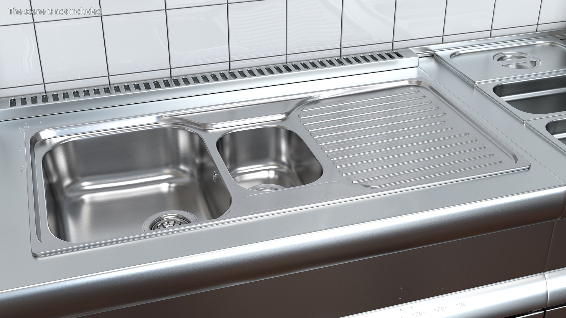 3D model Double Bowl Kitchen Sink with Drainboard