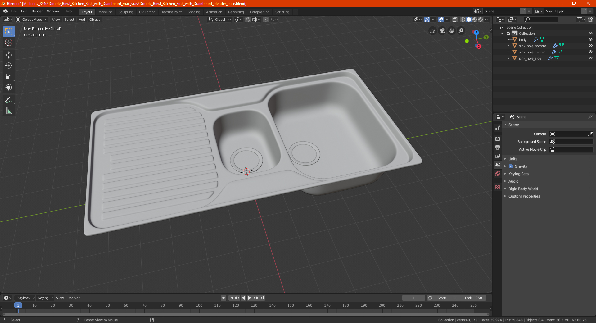 3D model Double Bowl Kitchen Sink with Drainboard