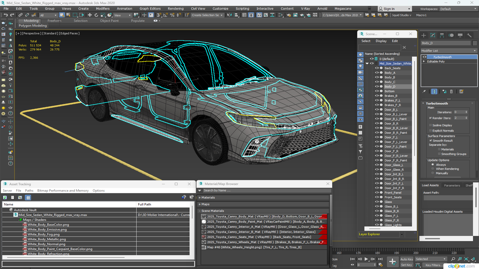 Mid Size Sedan White Rigged 3D