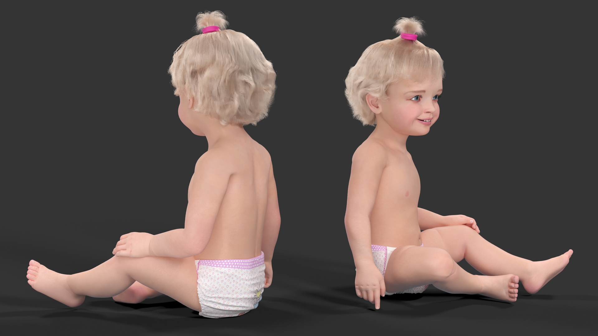 3D Baby Girl Wearing Diaper Sitting Fur